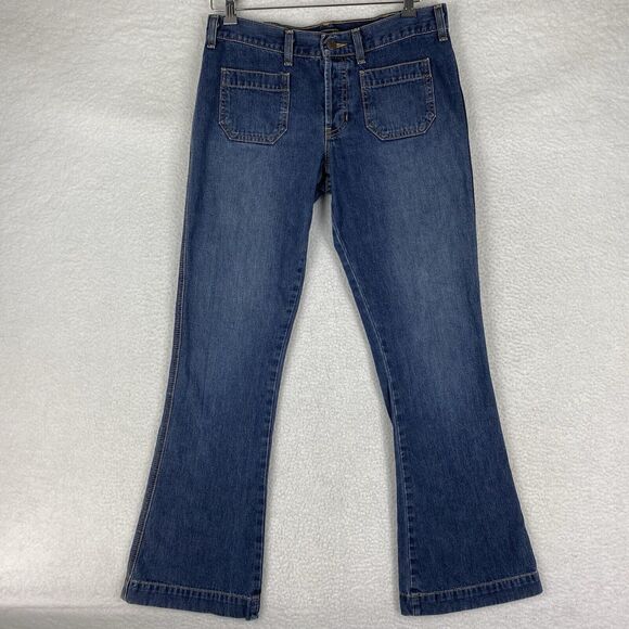 Vtg Abercrombie & Fitch Jeans Womens Size 4 Blue Low Rise Flare Y2K Patch Pocket - Picture 1 of 13